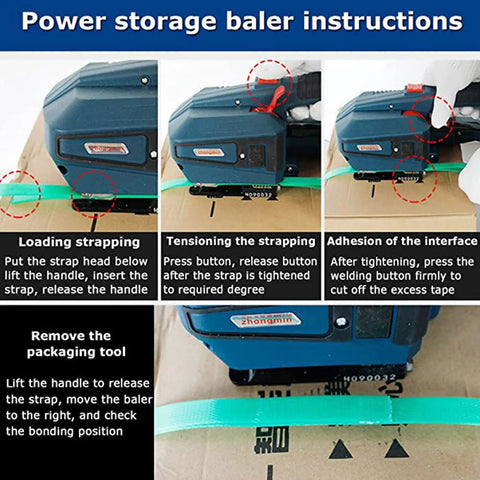 Level Up Your Warehouse Packing With This Rock Solid Electric Strapping Machine Featuring Killer Auto Melting Tough Handheld Comfort And Massive Charge For Pet Pp Straps showing assembly instructions for strapping machine components.