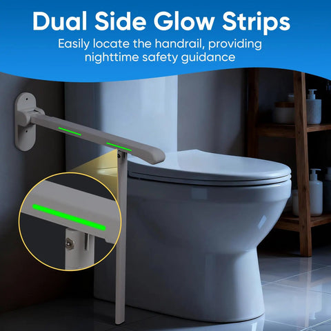 Premium 26 Inch Flip Up Toilet Grab Bar With Sturdy Support Leg And Glowing Night Strips For Non Slip Rock Solid Wall Mounted Bathroom Safety Gear, featuring dual side glow strips for nighttime visibility.