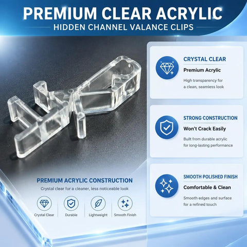Twenty Piece Set Of Clear Rear Groove Valance Clips For Blinds With One Seven Eight Inch Fits Like A Glove on black surface