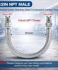 1/2 Inch NPT Male 20 Inch Compressor Jumper Hose With Dual Swivel Fittings, shown in industrial setting, labeled components