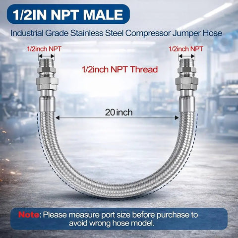 1/2 Inch NPT Male 20 Inch Compressor Jumper Hose With Dual Swivel Fittings, shown in industrial setting, labeled components