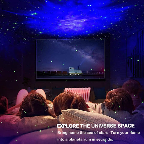 Room with Star Projector Galaxy Night Light casting nebula effects and green stars, ceiling LED lamp, kids watching movie