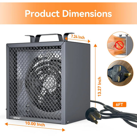 240V Electric Garage Heater 4800 Watts 16380 Btu Fan Forced Unit dimensions with grid pattern and NEMA 6-30P plug.