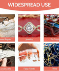 Image showing various uses of 30A Jewelry Spot Welder With Dual Mode Power for glasses repair, jewelry, tin toys, arts and crafts, false teeth, wire.