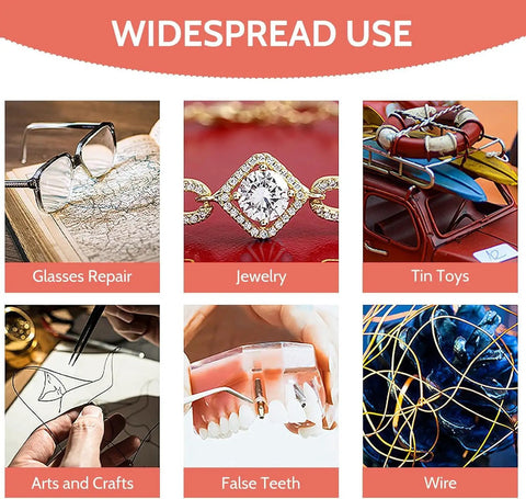 Image showing various uses of 30A Jewelry Spot Welder With Dual Mode Power for glasses repair, jewelry, tin toys, arts and crafts, false teeth, wire.