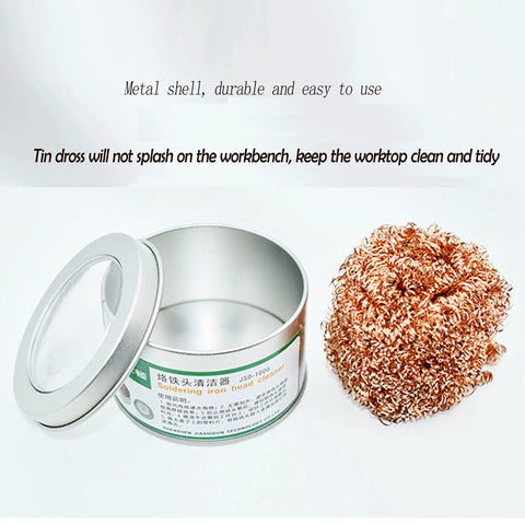 Soldering Iron Tip Cleaner Wire With Brass Sponge For Cleaning Soldering Iron Heads And Tips, shown in metal container