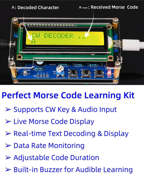 Morse Code Trainer Kit With Pre Soldered PCB And Enclosure displaying CW decoder on screen for beginners and tech nerds.