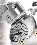 Heavy Duty Cast Iron Dividing Head Equipped With A Top Shelf 3 Jaw Universal Chuck And Rugged Tailstock For Precision CNC Milling Rotary Tables In 4 5 Or 6 Inch Sets, angled view showing chuck and position indicators.