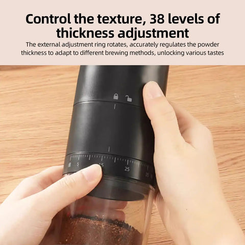 Portable Electric Coffee Grinder With Ceramic Burrs And Digital Scale, Usb Rechargeable Cordless Design For Espresso Drip French Press, adjusting grind size.