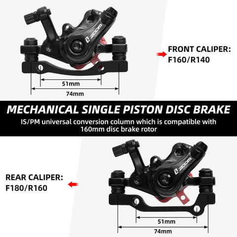 Badass Bike Disc Brake Kit Aluminum Front And Rear Caliper with dimensions, mechanical single piston, compatible with 160 mm rotors.