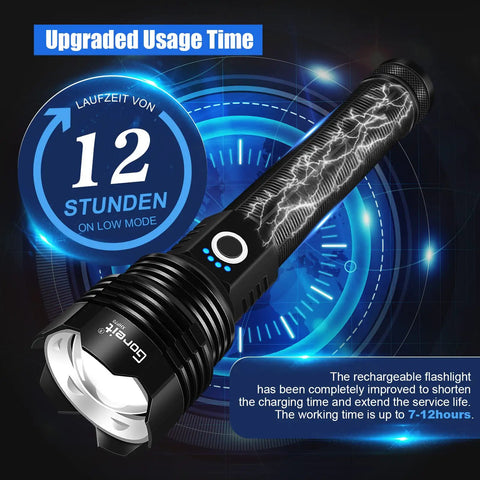 Graphic of 900000 Lumen Rechargeable Flashlight With USB Charging, XHP70.2 LED Handheld Spotlight For Emergencies, Camping, IP67 Waterproof