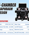 Beefed Up Heavy Duty 110V Brushless Diaphragm Water Pump Self Priming Four Chamber 6 GPM At 55 PSI front view with specs