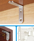 Rock Solid Stainless Steel L Brackets Corner Connectors Pack Of Fifty For Wood Projects DIY Furniture Building Heavy Duty right angle support mounted on wood.