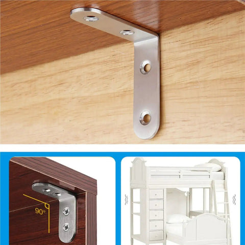 Rock Solid Stainless Steel L Brackets Corner Connectors Pack Of Fifty For Wood Projects DIY Furniture Building Heavy Duty right angle support mounted on wood.