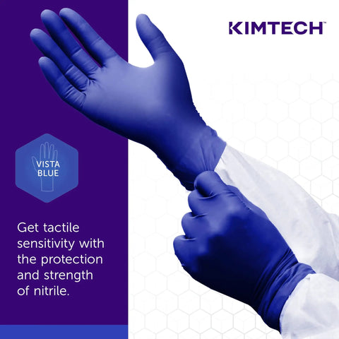Person wearing Beaded Cuff Nitrile Exam Gloves With Textured Fingertips For Superior Grip, 4.3 Mil, Ambidextrous, 9.5 Inch, Powder Free, XS, 200 Gloves Per Box, Blue, Comfortable.
