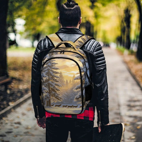 Back view of person wearing Winter Icicle Deer Woodland Printed Unisex Backpack in outdoor setting