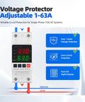 Smart Voltage Protector For 110V Homes Adjustable 1 To 63A Circuit Breaker with dual LED digital display for voltage monitoring.