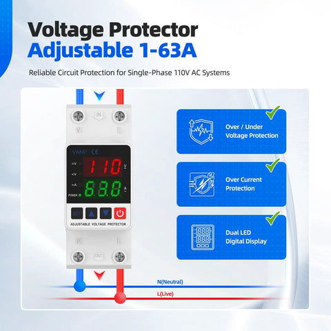 Smart Voltage Protector For 110V Homes Adjustable 1 To 63A Circuit Breaker with dual LED digital display for voltage monitoring.