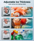 Adjustable ice thickness settings for Crystal Clear Ice Cube Bar Grade Commercial Ice Maker 120 Lbs Per Day, showing ice for seafood, drinks, and cans.