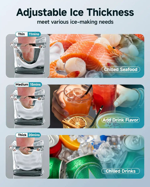 Adjustable ice thickness settings for Crystal Clear Ice Cube Bar Grade Commercial Ice Maker 120 Lbs Per Day, showing ice for seafood, drinks, and cans.
