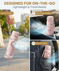 2-In-1 Hydration Bottle with Built-In Foldable Cooling Fan in cup holder, carried by strap, and in backpack pocket.