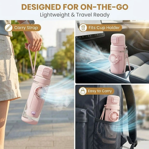 2-In-1 Hydration Bottle with Built-In Foldable Cooling Fan in cup holder, carried by strap, and in backpack pocket.