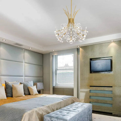 Glam Gold 13 Bulb LED Pendant Light Chandelier With Crystal Flower Shade in modern bedroom setting, adds art deco elegance.