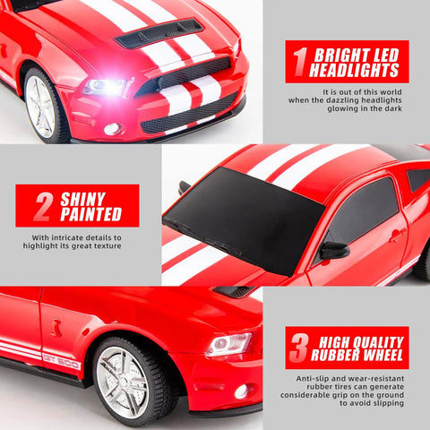 Remote Control 1/24 Scale Ford Mustang Shelby GT500 RC Car, Dope 15 KMH Speed, Turbo Off Road Style with LED headlights, red