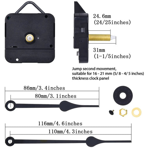 Long Shaft Quartz Clock Movement With Hook And Jump Second, Fits 16 To 21 Mm Dial Thickness, 31 Mm Total Shaft Length