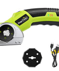 SnapFresh Cordless Electric Scissors With Rechargeable Battery And Self-Sharpening Blades for cutting materials with USB charging cable.