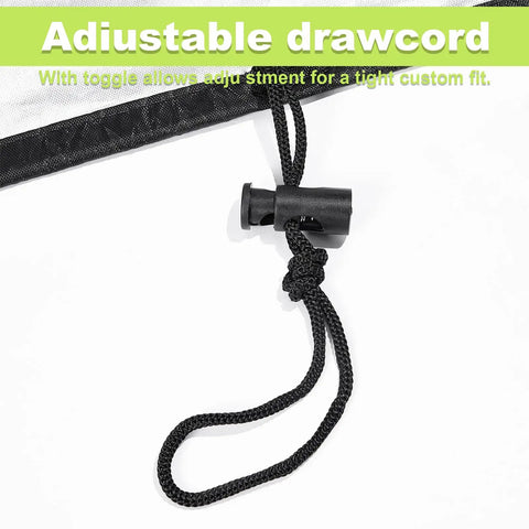 Adjustable drawcord on Waterproof Outdoor Stackable Chair Cover For Patio Chairs 210D Heavy Duty Fabric With All Weather Protection Fits 25 By 25 By 47 Inches Stacking Chairs Black Keeps Water Dust And Sun Out