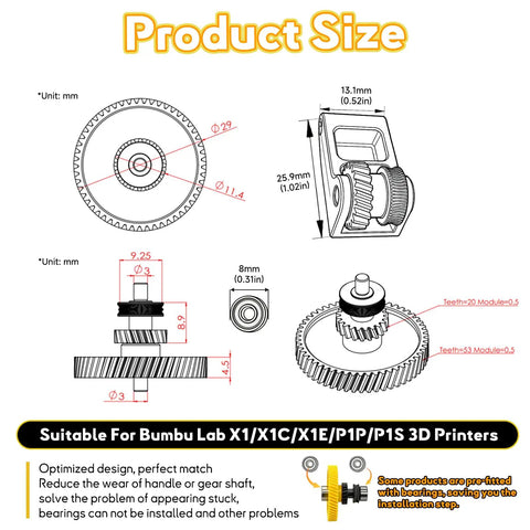 Detailed dimensions of Helical Gear Upgrade Kit With DLC Nano Coated Hardened Steel Drive Gear And Handle Assembly For Bambu Labs X1C X1E Carbon P1P P1S 3D Printers Premium Extruder Accessories For Smoother Feeds And Durability with measurement annotations in mm.