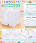 Six Pack Stackable Classroom Caddies With Handles, 3 Compartments, Clear Plastic Storage Bins With 42 Labels on a desk