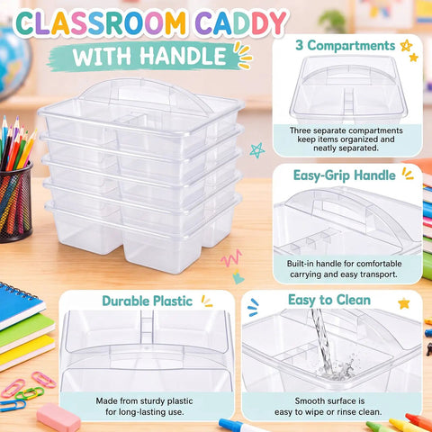 Six Pack Stackable Classroom Caddies With Handles, 3 Compartments, Clear Plastic Storage Bins With 42 Labels on a desk