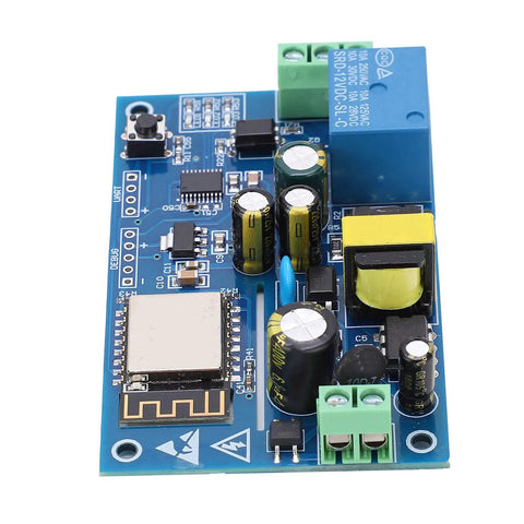 Smart Home Relay Switch Module For Remote Control Across AC 85 To 264 Volts 220V Ready, DIY Friendly PCB Relay With Conductive Circuit Design And Insulating Bottom Plate, Easy Plug And Play Home Automation Upgrade. Blue PCB smart home relay module with Wi‑Fi chip