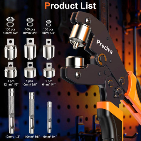Three Size Grommet Tool Kit With Interchangeable Dies Half Inch Quarter Inch Three Eighths Inch with handheld tool and dies
