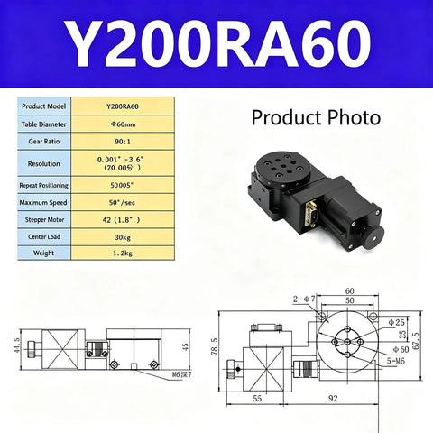 Heavy Duty Motorized Rotary Stage With 60 Millimeter Precision Indexing Table For Stepper Motor Optical Automation setup dimensions and specifications.