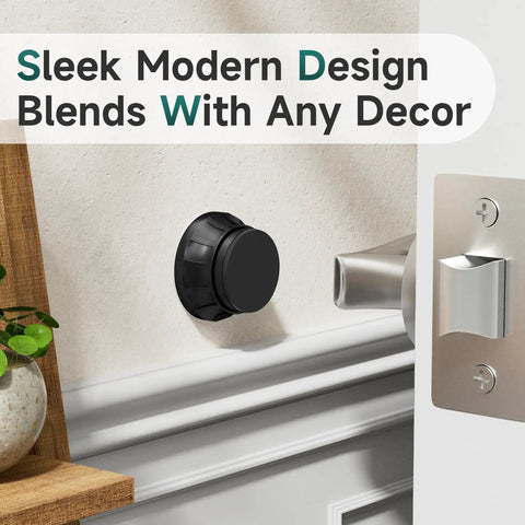 Two Pack Modern Black Door Stoppers For Wall No Drill Adhesive Or Screw Free Mount Textured Aluminum Wall Protectors in use