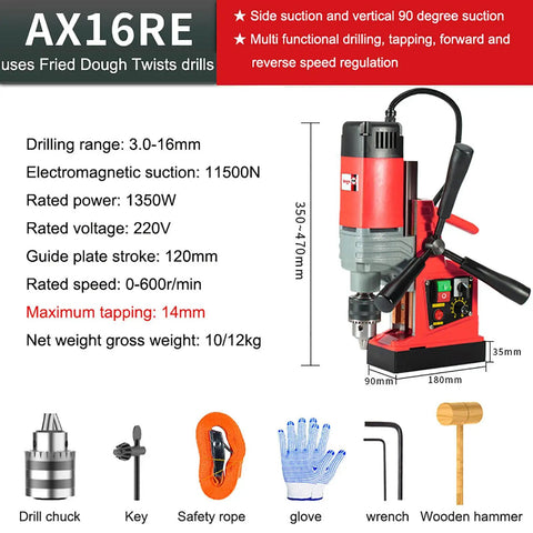 Heavy Duty Magnetic Drill Press 1350W Power, 600 RPM Forward and Reverse Tapping, Electric Drilling Machine for Home Improvement with dimensions and accessories.