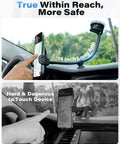 Heavy Duty Universal Car Truck Phone Mount With Rock Solid 14 Inch Gooseneck Long Arm And No Fuss Quick Release Button for safe driving use.