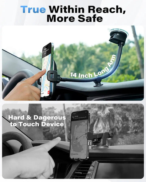 Heavy Duty Universal Car Truck Phone Mount With Rock Solid 14 Inch Gooseneck Long Arm And No Fuss Quick Release Button for safe driving use.
