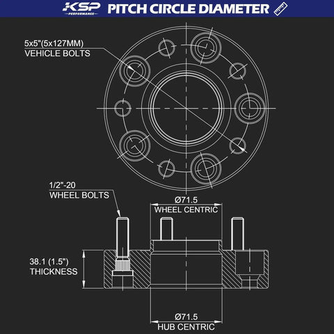 Pitch circle diameter diagram for Built Tough Plug And Play 1.5 Inch Hubcentric Wheel Spacers Fit Jeep Wrangler JK.