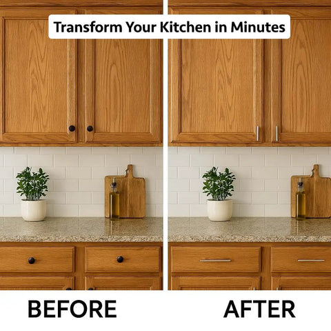 Before and after image of kitchen cabinets showcasing Top Shelf Rock Solid Euro Style Bar Pulls 5 Pack Heavy Duty Stainless Steel.