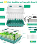 96 Cell Seed Starter Tray With Grow Light Kit For Seed Starting shown with humidity dome, LED grow lights, and accessories