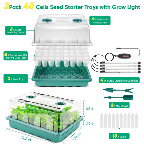96 Cell Seed Starter Tray With Grow Light Kit For Seed Starting shown with humidity dome, LED grow lights, and accessories