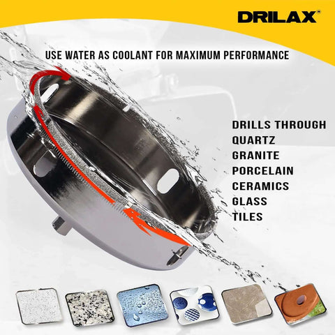 Front view of Drilax 4-1/2-inch diamond hole saw with guide for tile, porcelain, and stone drilling.