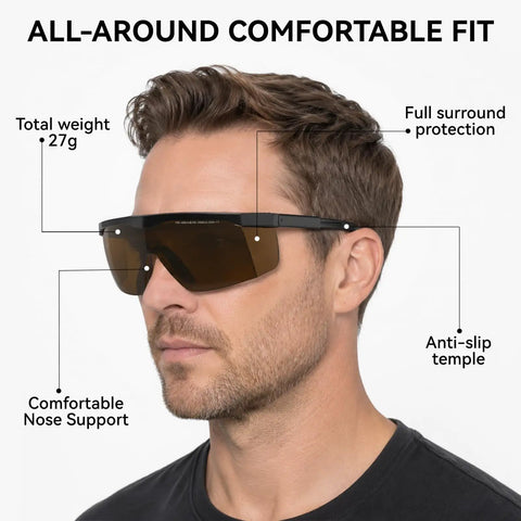 Top Shelf 1064nm Laser Safety Glasses Featuring OD4 Plus Lens Shield For Fiber Marking And Engraving Built Tough As Nails To Crush Daily Fog And Deep Scratches worn by man, showcasing anti-slip temple and comfortable nose support.