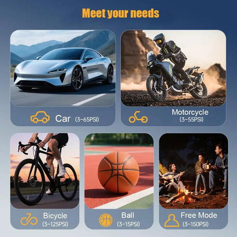 Cordless Tire Inflator Air Compressor For Land Rover Range Rover Electric Mla Flex Ev 2025 2026, showcasing car, motorcycle, bicycle, ball, and free mode.