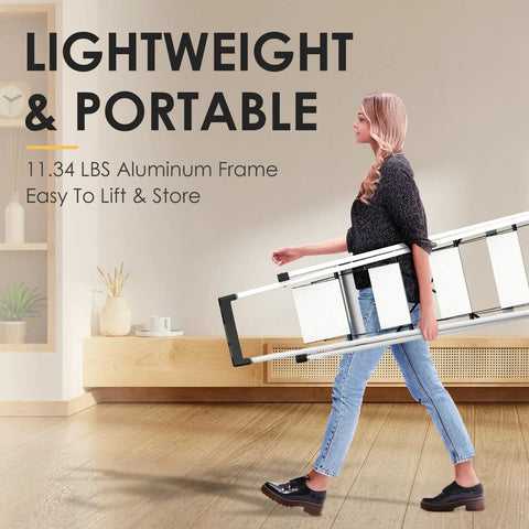 Woman carrying Five Step Aluminum Ladder With Tool Tray, Anti Slip Folding Stool For Adults, Lightweight Portable Design