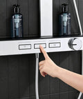 Exposed Shower Faucet System Piano Key Diverter Control Chrome with a finger operating the diverter in a modern bathroom setting.